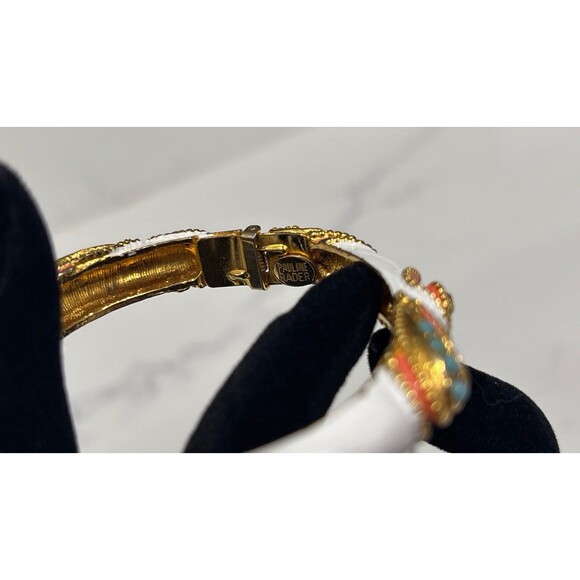 Pauline Rader Bracelet White Enamel Gold Tone Faux Turquoise Vintage Signed - Picture 4 of 11